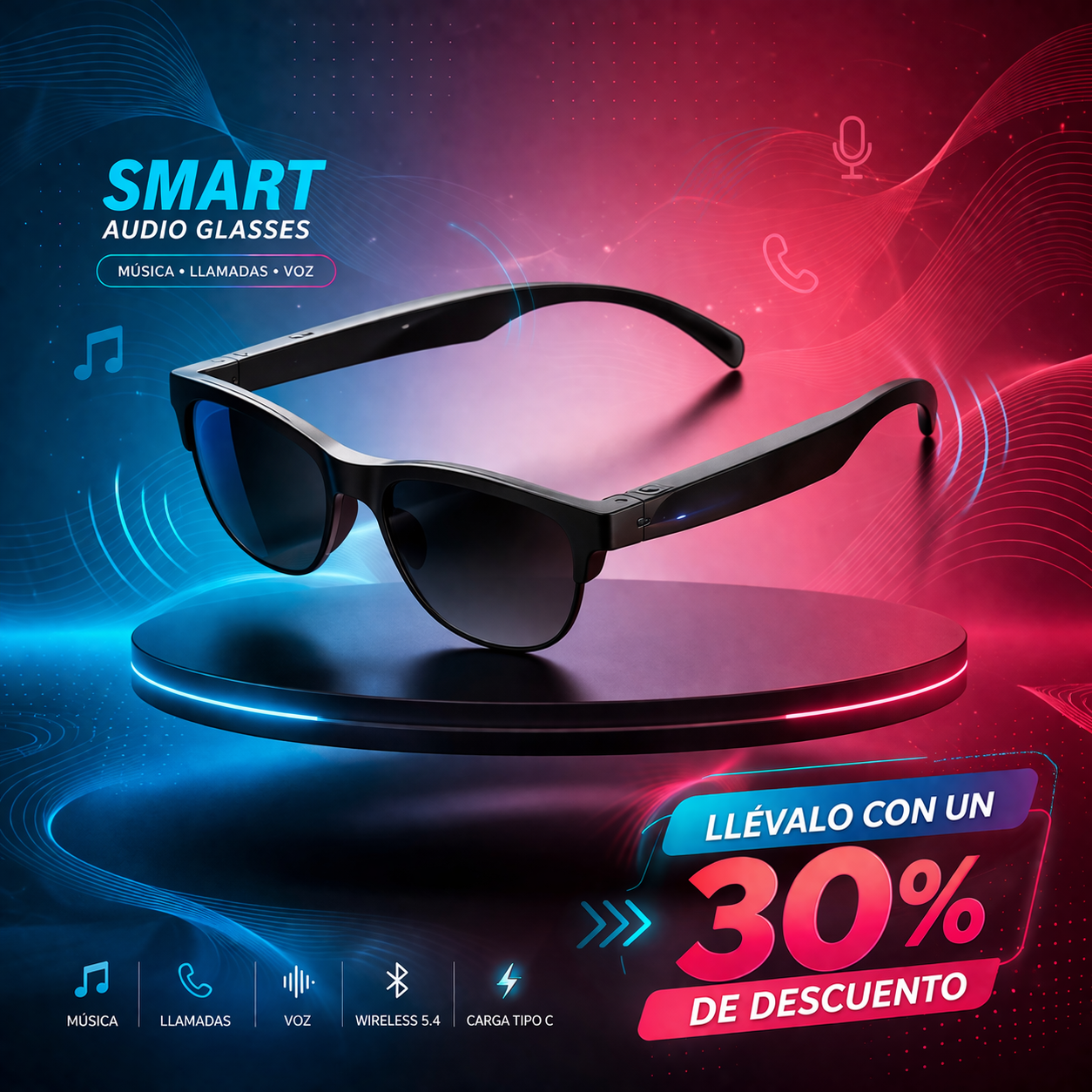 AudioLux™ – Gafas inteligentes con música, llamadas y asistente de voz