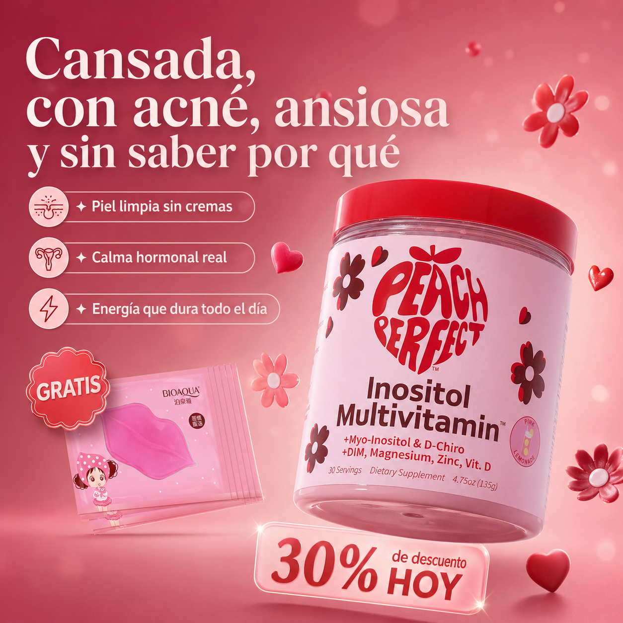 Peach Perfect™: Recupera tu Equilibrio Hormonal y Energía + Mascarilla de Labios BioAqua GRATIS